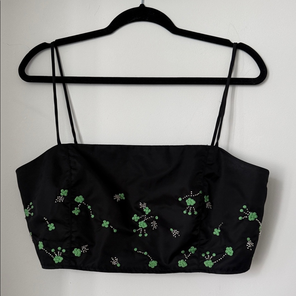 Ganni Black Crop Top with Green Embroidery